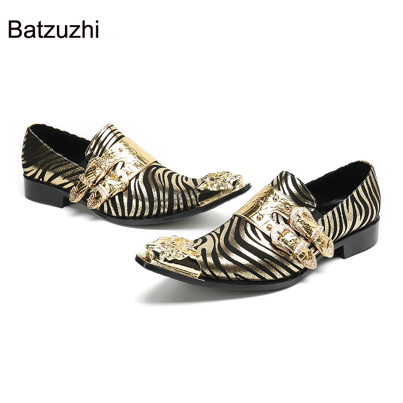 Batzuzhi Italian Type Handmade Men's Shoes Gold Belt Leather Dress Shoes for Men Wedding Shoes and Party Zapatos Hombre, 38-47