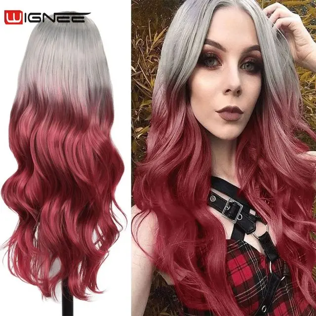 WIGNEE Bluish Light Blue Wig Synthetic Ombre Long Wavy Body Wave Side Part Heat Resistant Natural Hair Wigs For Women Cosplay Grey Red