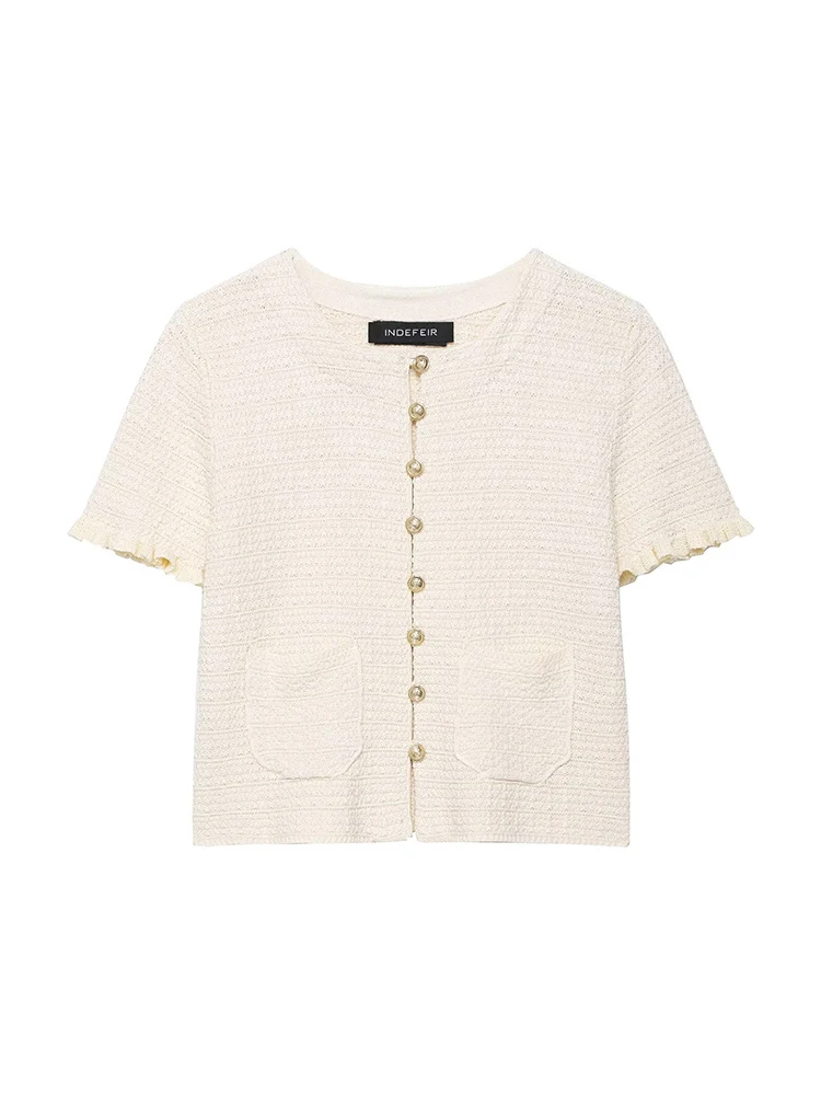 TFMLN Summer Women's Knit Sweater Casual Short Sleeve Metal Button Round Collar Lady Knitwear Tops Fashion Elegant Solid Coat