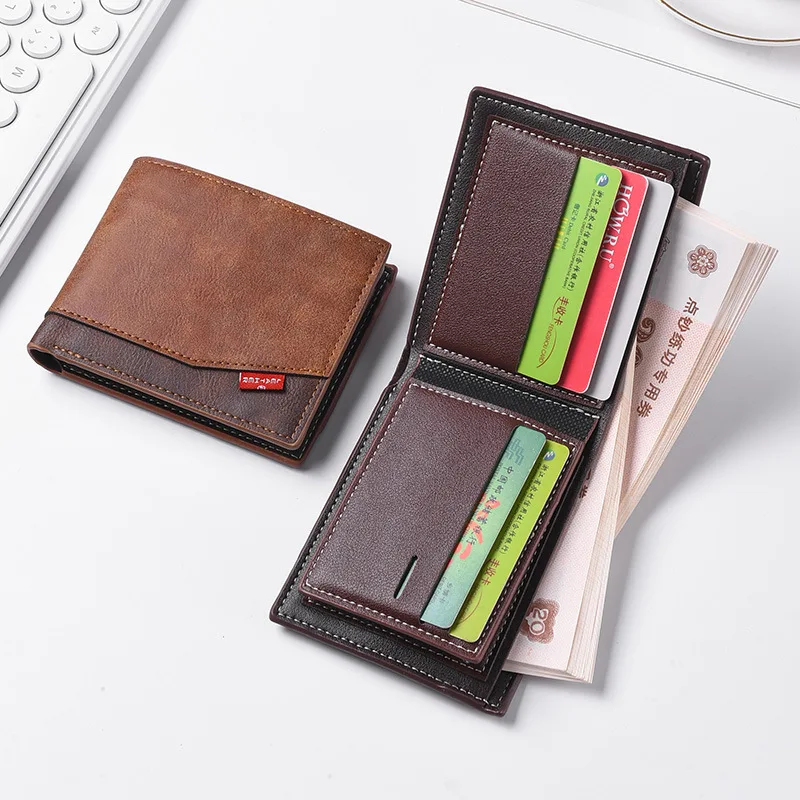 New men's short spliced fashionable wallet, men's wallet, change zipper bag, multi slot card bag