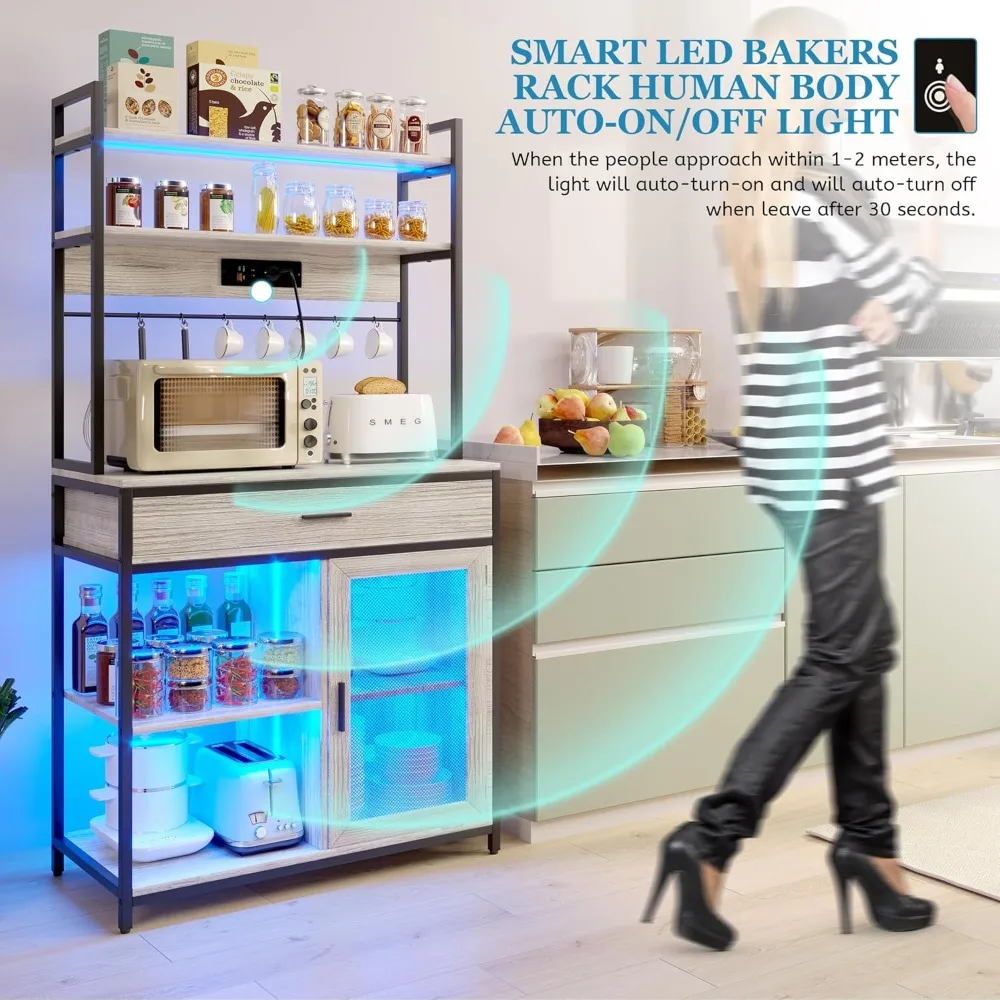 5-Tier Bakers Rack with Power Outlet, Kitchen Bakers Rack with Storage and Lights, Coffee Bar Table,Microwave Stand with 8 Hooks 4
