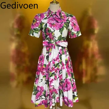 Gedivoen Primavera Autunno Abito da donna Monopetto Colletto rovesciato Stampa floreale Maniche corte Abiti in cotone con lacci 1