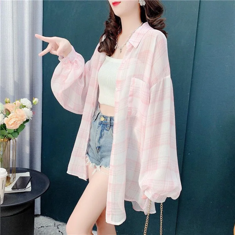 2023 New Spring and Summer Loose Fitting Breathable Casual Lapel Plaid Bubble Sleeve Sun Protection Mid Length Women's Shirt