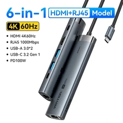 Vention 4K 60Hz USB - C Multi - Function Hub with HDMI, Ethernet, PD 100W, and USB 3.0 Connectivity (6 - in - 1 HDMI RJ45)