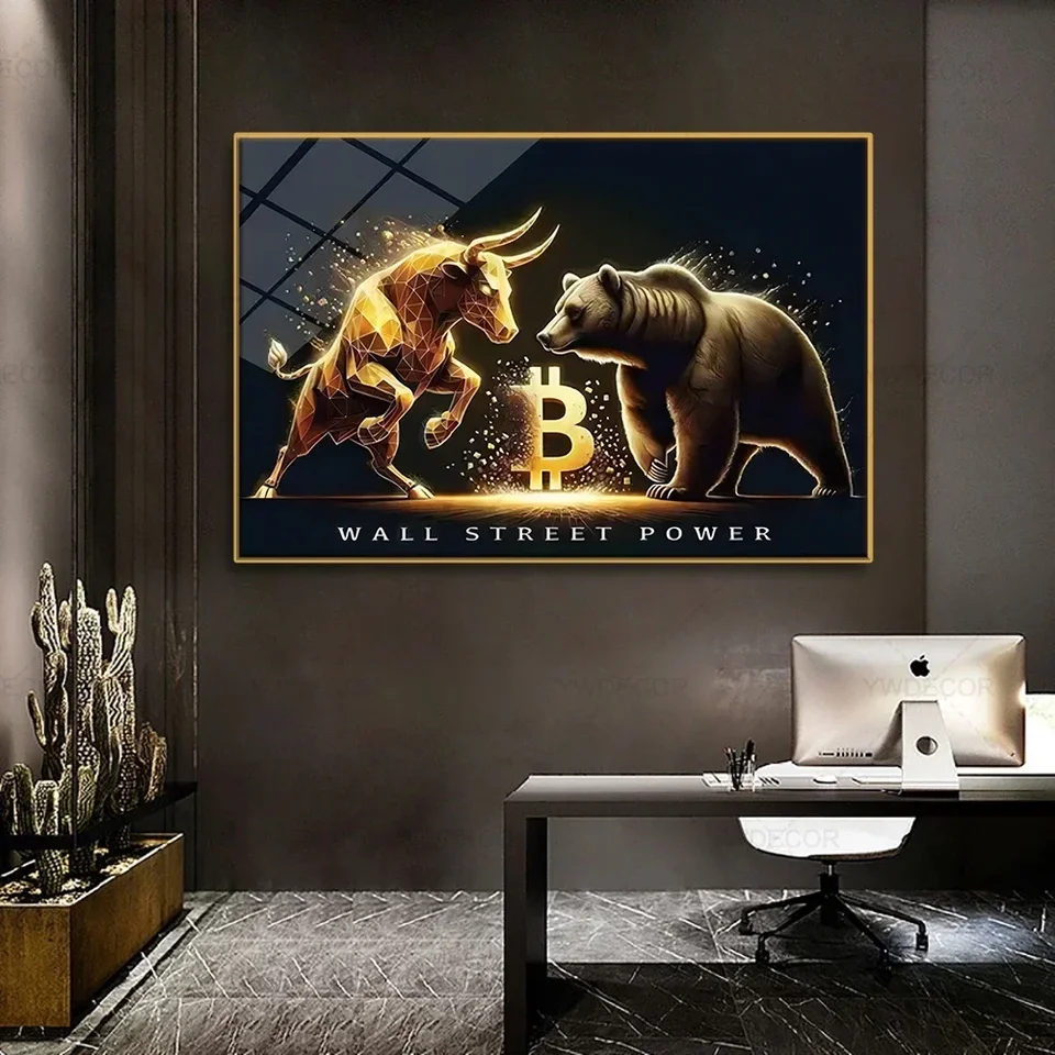 Golden Bitcoin Bull Bear Wall Street Bull Investment Wall Art Wealth  Investing Poster for Room Office Decor Gift - AliExpress
