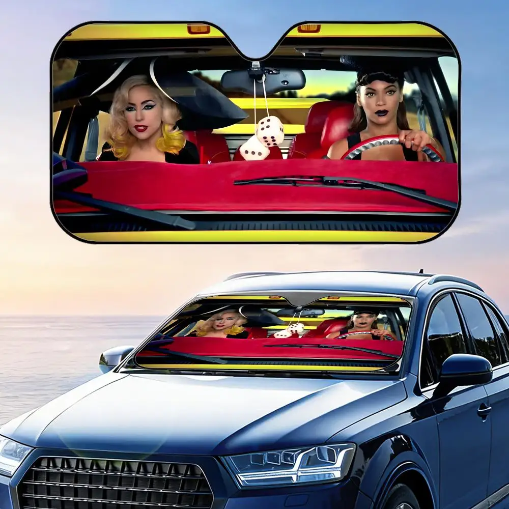 B-Beyonce and LAdy Gaga Sun Visor Car Sun Shade Windshield Cover UV Protection Aluminum Foil Reflective Heat Insulation Reusable