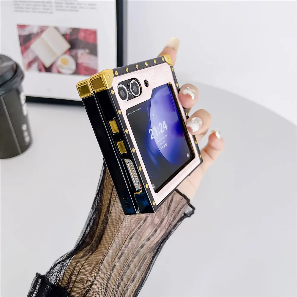 Coque de placage en cuir PU avec grille 3D, étui carré antichoc pour Samsung Galaxy Z Flip 5 Zflip 4 3_voghion.com