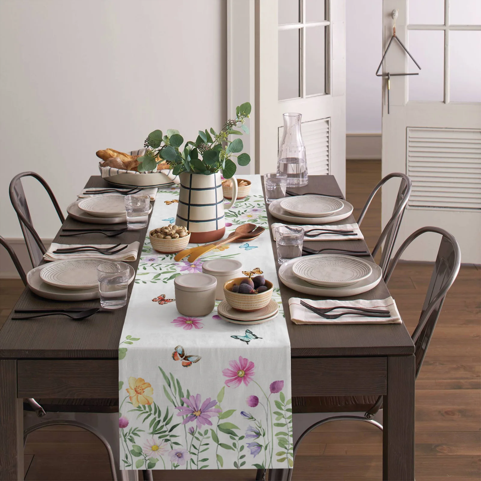 Spring Flower Butterfly Table Runner Kitchen Dinner Table Cover Wedding Party Decor Cotton Linen