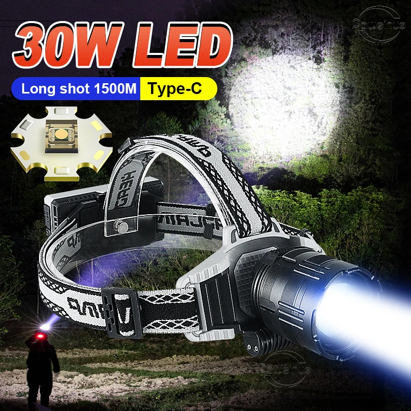 

Newest Super Powerful 30W Led Rechargeable Headlamp Type-c USB 18650 Head Flashlight Telescopic Zoom Sea Fishing Head Torch