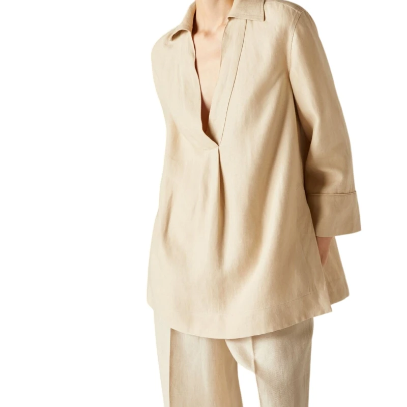 

Рубашка из 100% льна с V-образным вырезом для отдыха и повседневной одежды в стиле с глубоким вырезом