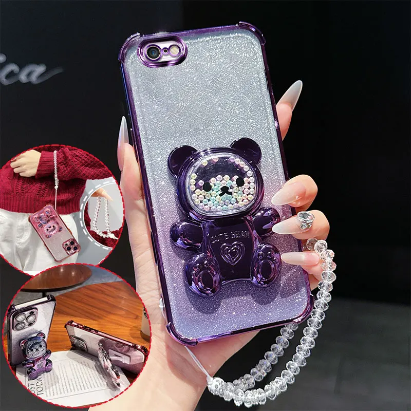 Shockproof Phone Case with 3D Bear Stand and Glitter Crystal Chain Lanyard
