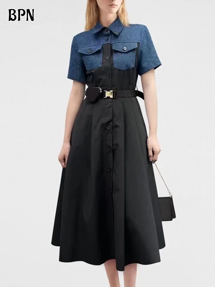 

BPN Casual Patchwork Denim Dresses For Women Lapel Short Sleeve High Waist Spliced Belt Hit Color A Line Dress Female Fashion