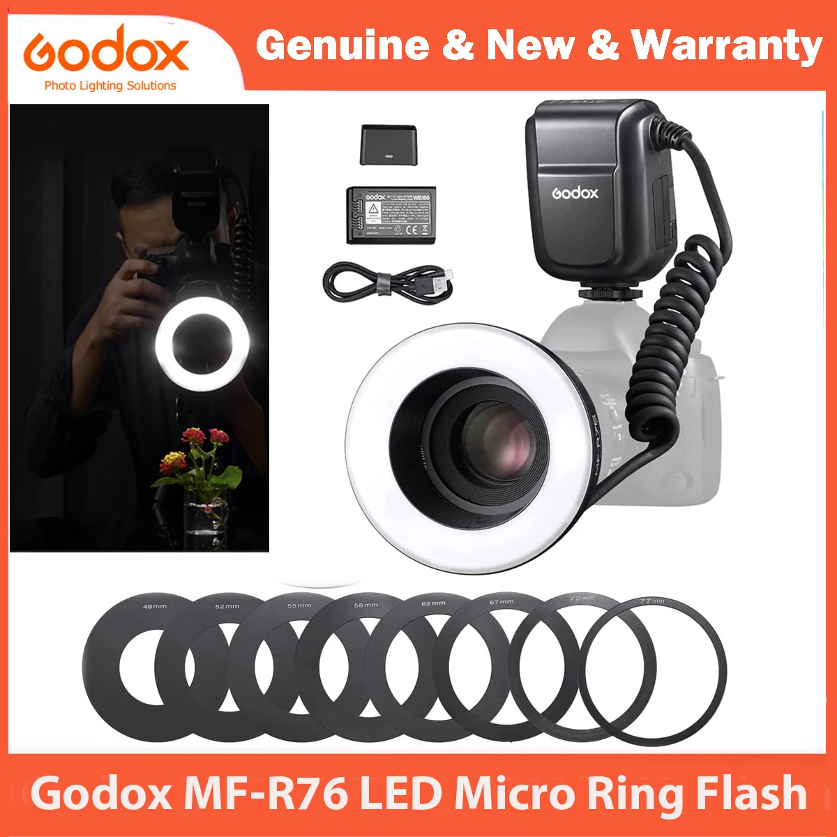 Godox R76 LED Micro Ring Flash 5000K with Li-ion Battery Adapter Rings for Canon Sony Nikon Fuji Olympus Panasonic Pentax Camera on camera flash,camera flash