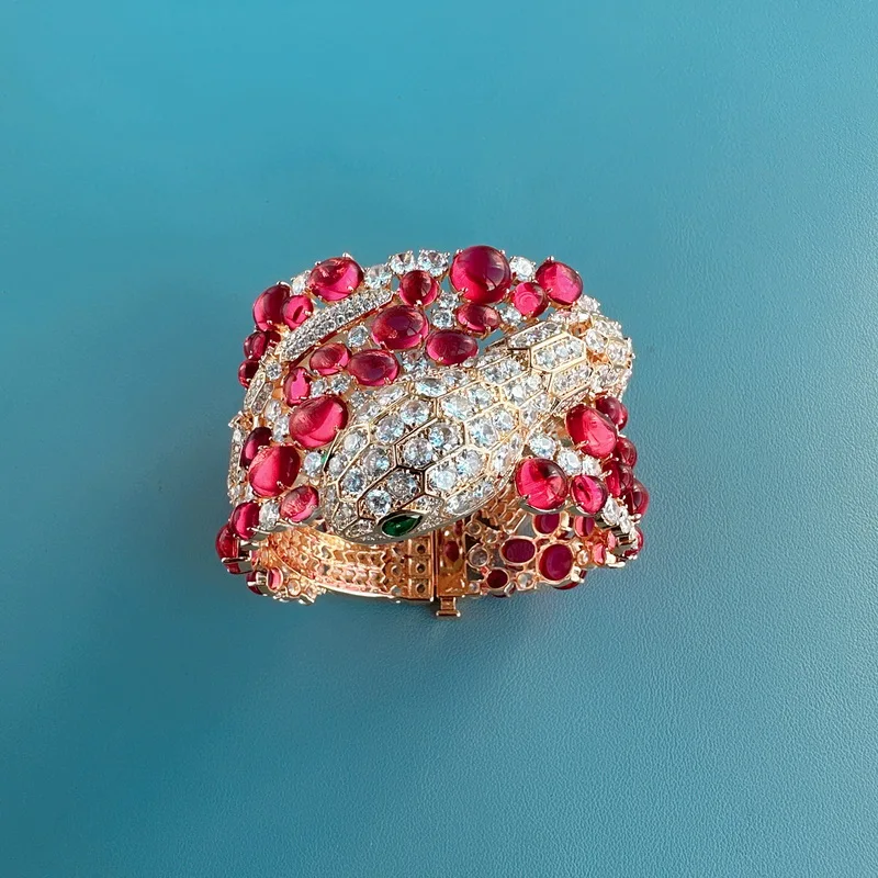 

Designer Collection Style Wide Bracelet Women Lady Plated Rose Gold Color Inlay Zircon Red Beads Snake Head Snakelike Bangle