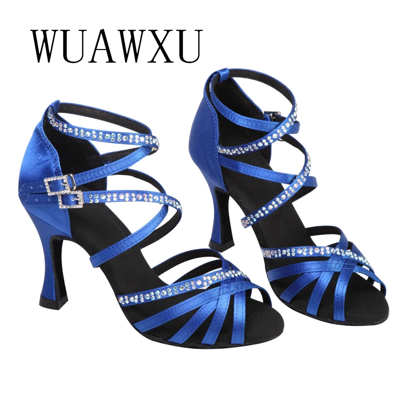 NATASHA 2023 New Latin Dance Shoes Inlaid with Diamond Satin Blue 9cm High Heel Female Adult Soft Sole Social Dance Cha Rumba De