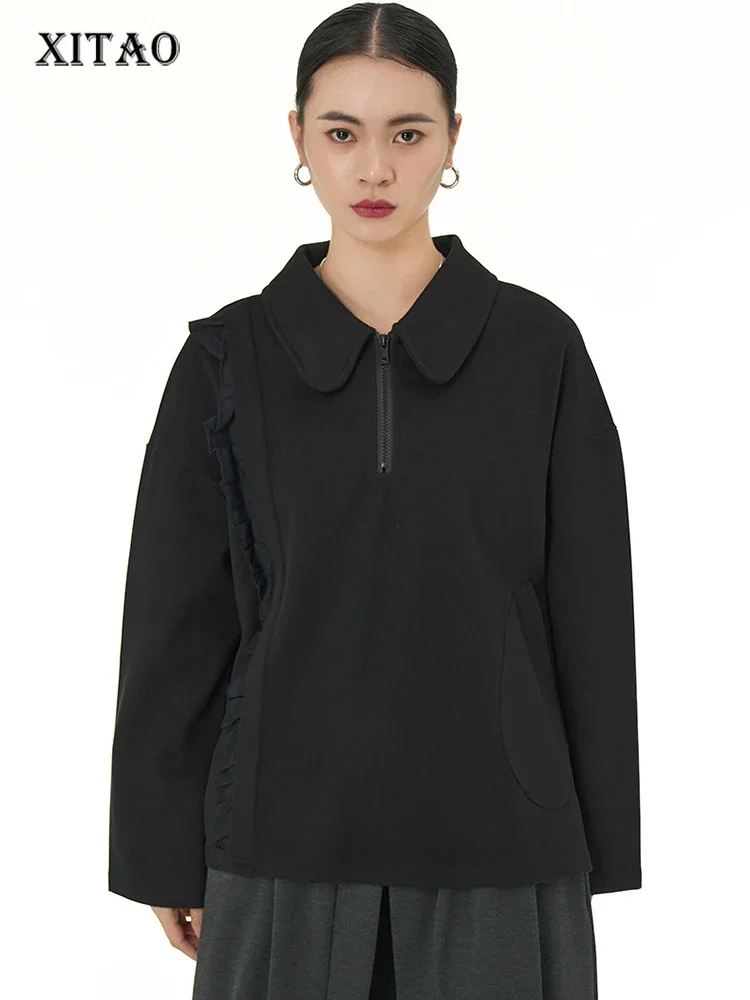 

XITAO Full Sleeve Casual T-shirt Loose Simplicity Solid Color Turn Down Collar All-match 2023 Autumn Women New T-shirt ZZ0082