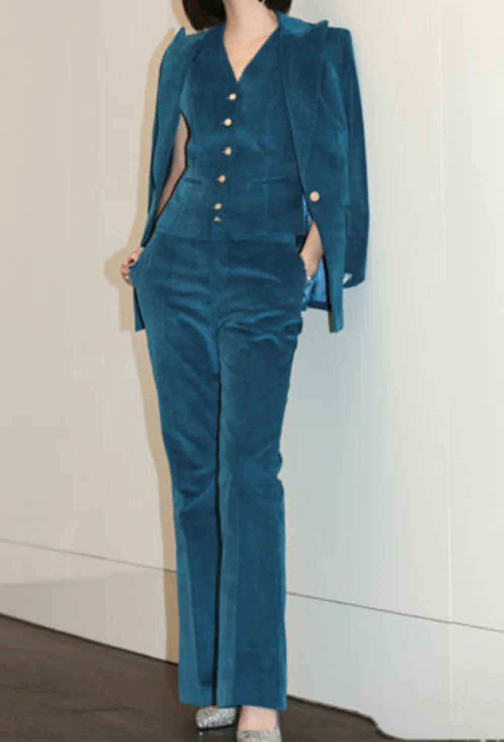 Blue Velvet Office Commuter Set Customized Women's Party Business Casual Dress 3 Piece Set (Jacket+Tank Top+Pants)