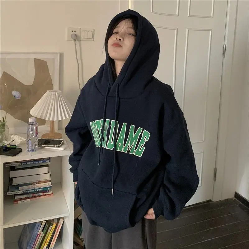 

Women Navy Blue Hoodie Sweatshirt Long Sleeve Korean Fashion Baggy Plus Fluff Letter Printing Casual Female Tops Pullover Hoodie