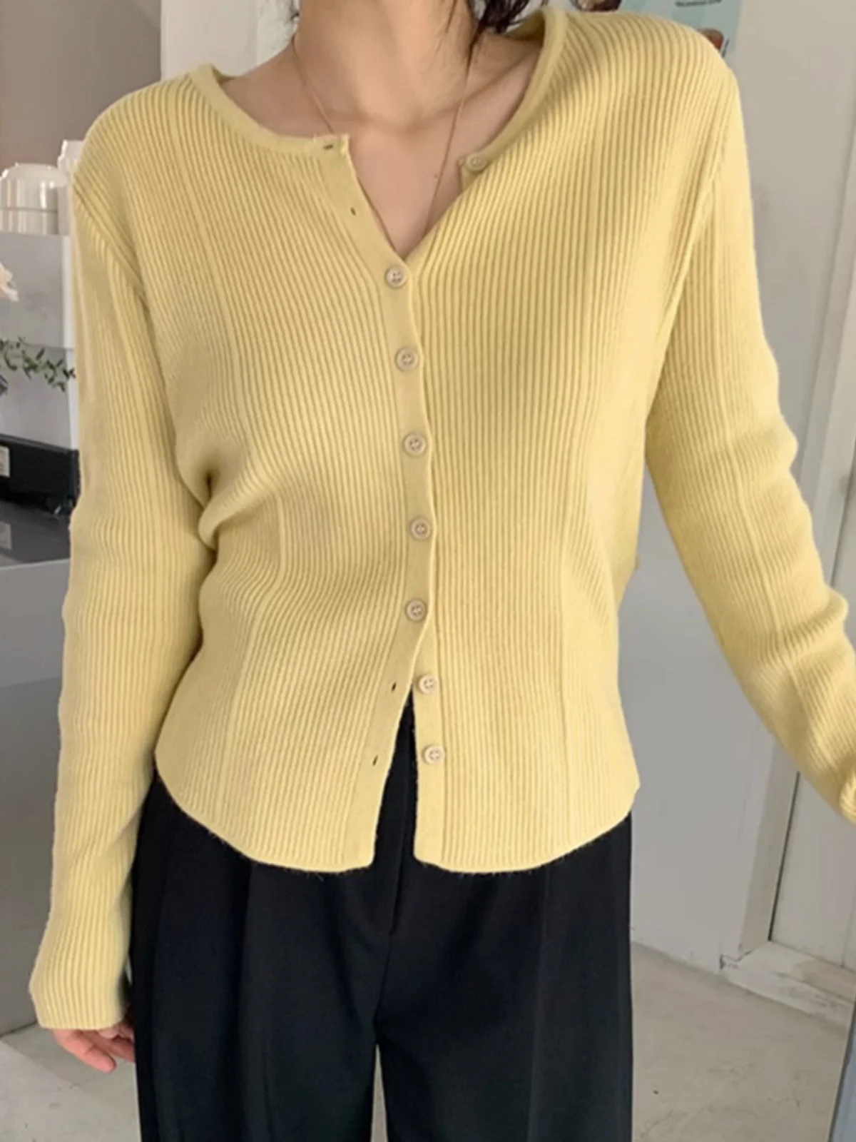 Chic Knitted Open Cardigan Women's Faion Design Low round Ne Two-Way Wear Thin Sle Small Size Sweater Top