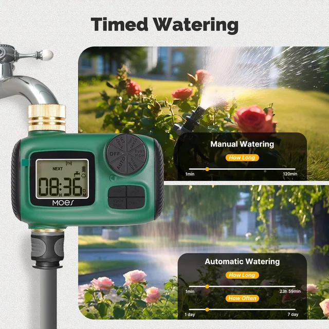 MOES Water Timer 1-4Outlet Brass Inlet Rotary Knob Button Control With LCD Display Screen Rain Delay Child Lock Garden Sprinkler 2