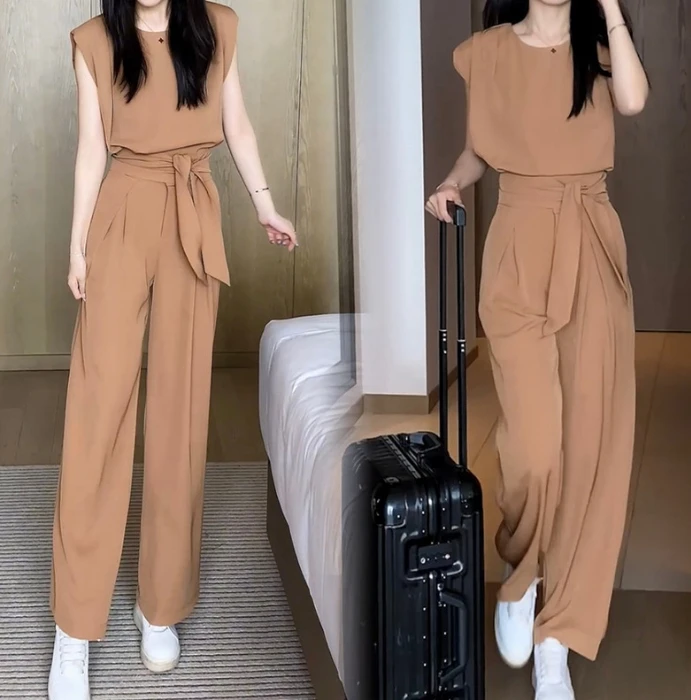 Women's Sports Outdoor Commuting Versatile Temperament Solid Color Elegant Wide Leg Pants Two-Piece Set