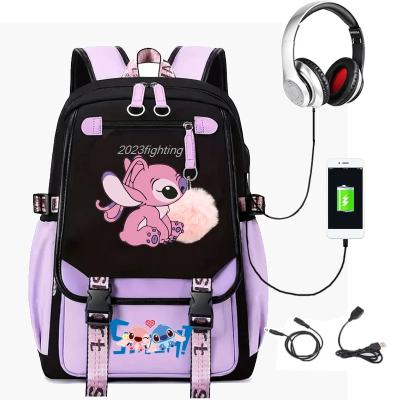 Stitch-mochila con carga USB para hombre y mujer, morral para ordenador portátil, bolsa de viaje de retales