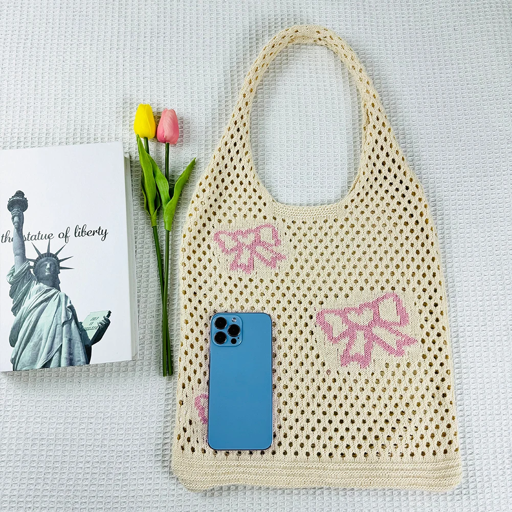 Cute Bow-Knot Pattern Crochet Shoulder Bag Hollow Shopping Bag Mesh Holiday Travel Handbag Summer Beach Handbag for Women