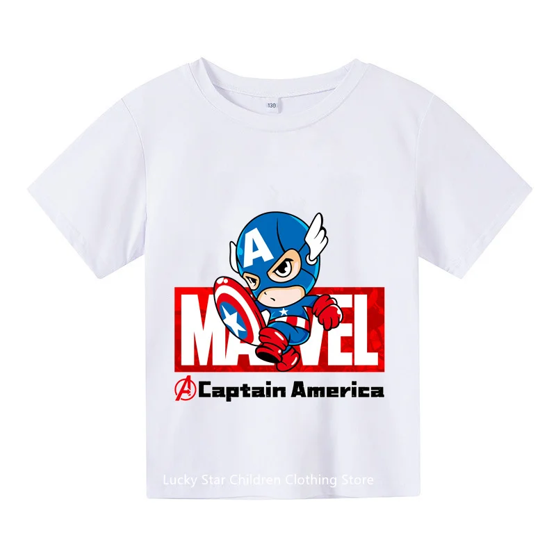 

Футболка с героями мультфильмов Marvel, Капитан Америка, повседневная детская футболка с круглым вырезом и коротким рукавом для мальчиков и девочек, уличная одежда, летний топ, футболка