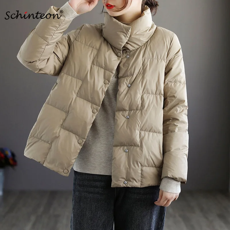 Schinteon Women Light Down Jacket Simple Casual Solid Color Stand Collar Short Outwear Autumn Coat Female New 2023 Fashion