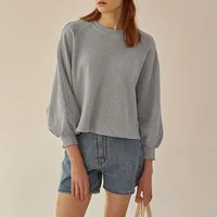 Women's Autumn Winter 100% Cotton Sweatshirt Loose Short Lantern Sleeve Spliced Pure Cotton French Casual Pullover Tops - Image 5