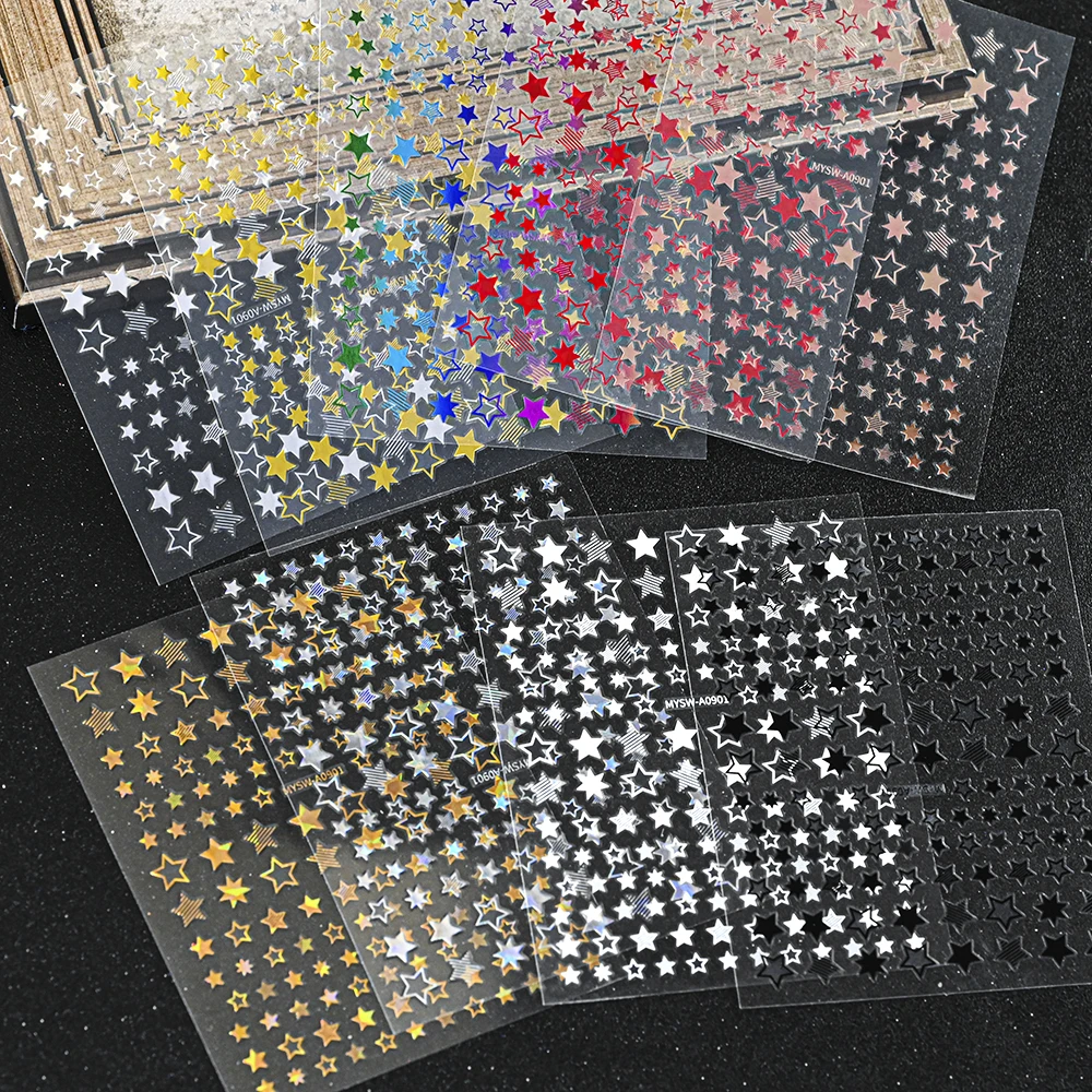 

4/6/9/12Pcs Laser Star/Butterfly Nail Art Sticker Holographic Gold White Silver Black 3D Flowers Slider Back Glue Nail Decals