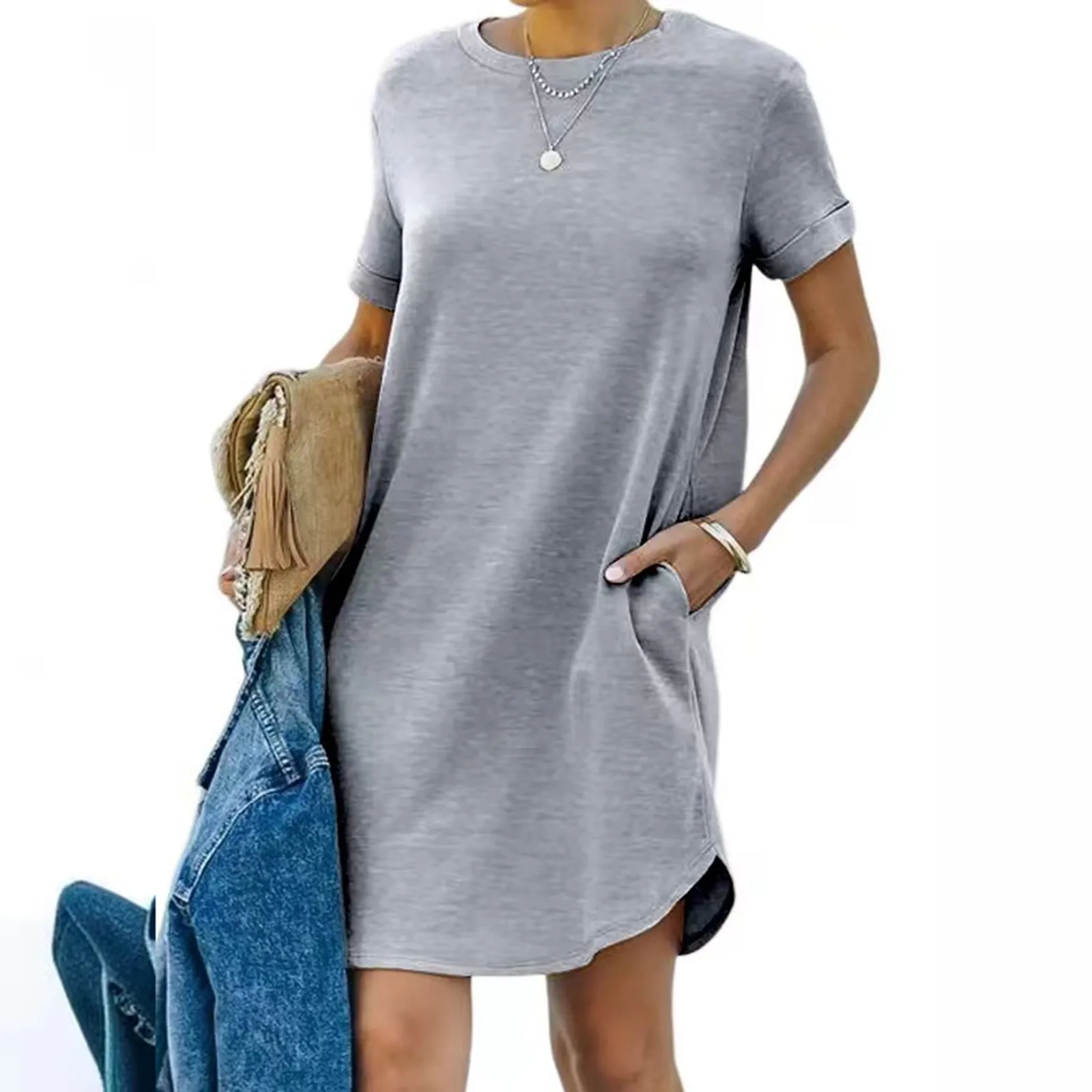 

Женское свободное мини-платье-футболка, летние повседневные пляжные платья в стиле бохо, однотонное платье-трапеция с круглым вырезом и коротким рукавом, Vestidos