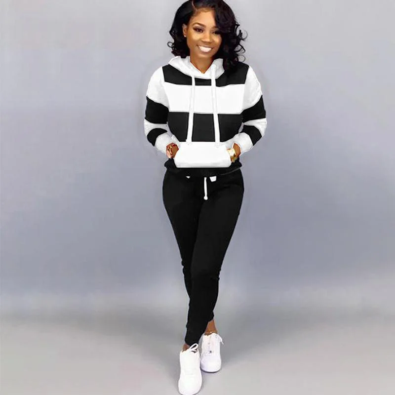 Autumn/Winter Women's Hooded Jogging Set Fashion Striped Hoodie Set Fashion Pullover Hoodie+2 pieces of Sports Pants