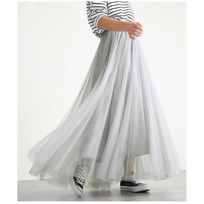 35 to 65kg Teens Skirt Summer for Women Girl Kids 3 Layers Princess Tulle Skirts Woman Mesh Pleated A-line Lady Long Tulle Skirt