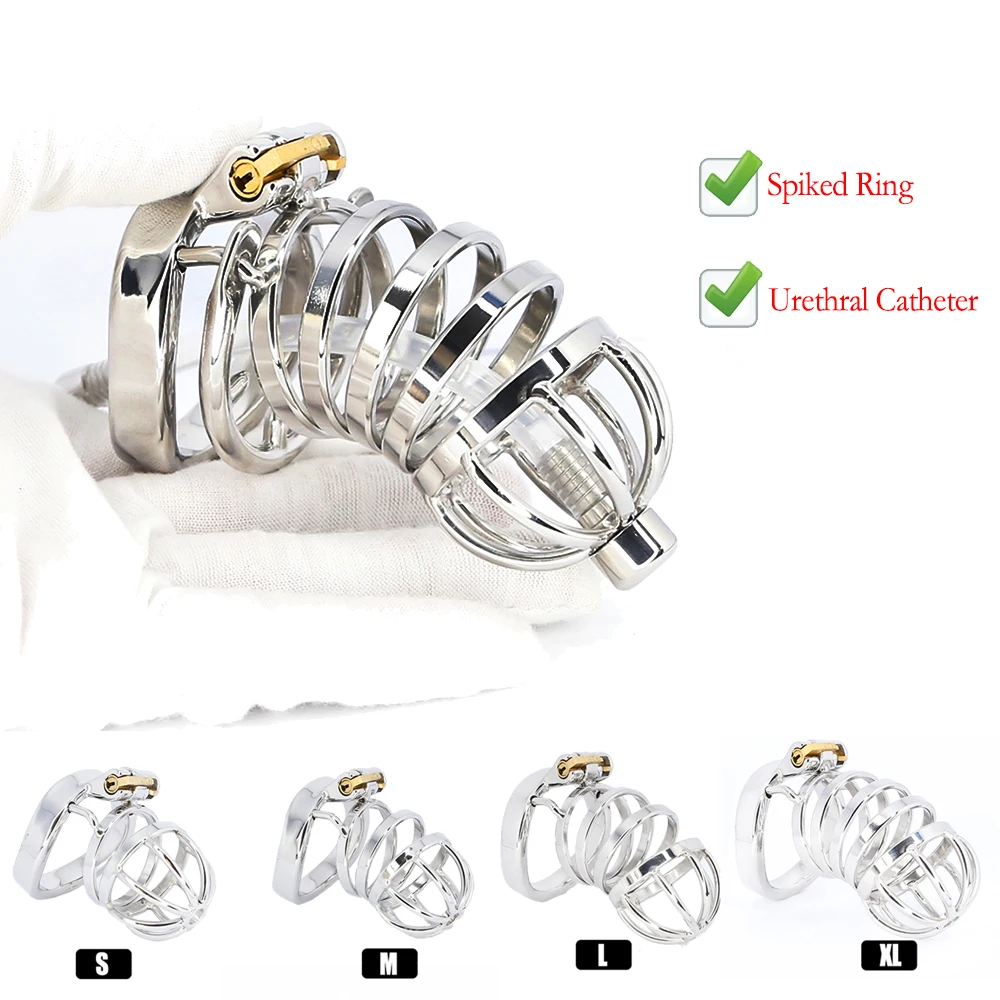 

Smooth Male Chastity Cage Belt Device Cock Cage With Spiked Ring Urethral Catheter Cockring Penis Ring Lock 18+ Sex Toys For Men
