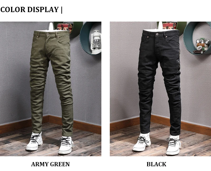 Streetwear Fashion Men Jeans Army Green Elastic Slim Fit Spliced Designer  Biker Jeans Men Stretch Hip