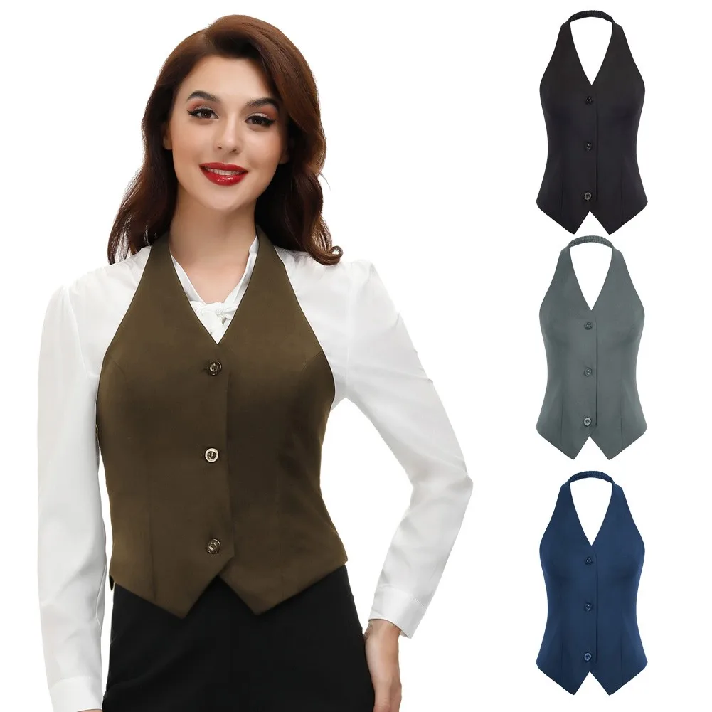 BP Women Halter Vest Backless V-Neck Single Breasted Handkerchief Hem Coat Vintage Waistcoat Button Down Dressy Vests