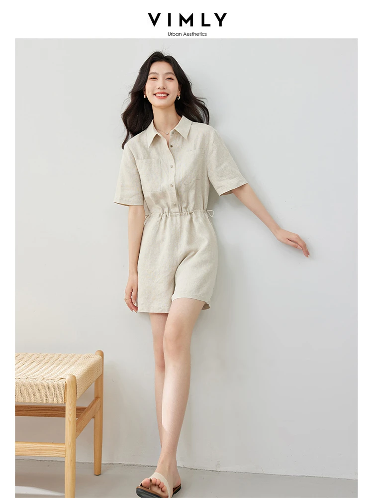 VIMLY Women's Casual Commuter Linen Short Playsuit 2024 Summer Cooling  Loose Romper Mid Waist Office Lady Tops Jumpsuit M7078