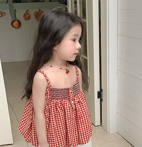 여아용 빨간 격자 무늬 스커트, 인형 셔츠, 짧은 치마, 귀여운 옷, 2024 여름 신상