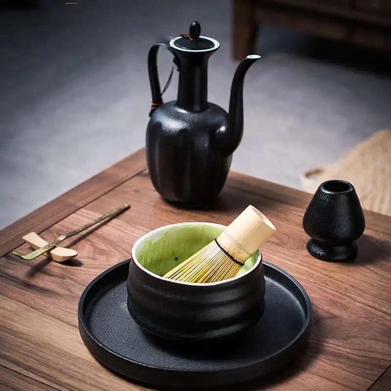 Crude Matte Black Ceramic Chawan Kiln Glazed Handmade Japanese Matcha Bowl Bamboo Whisk Holder Scoop