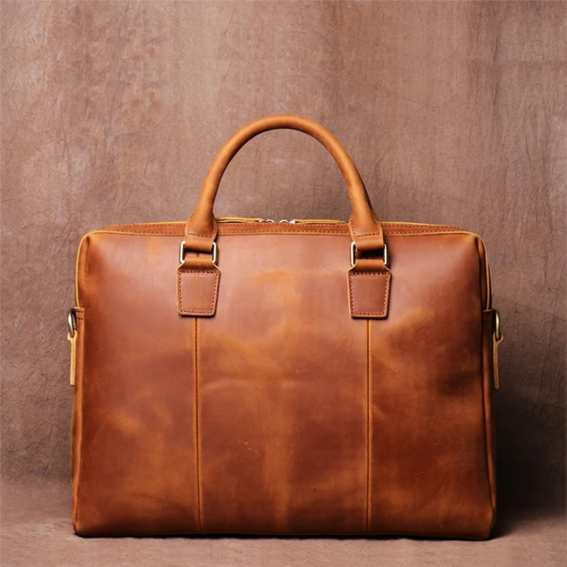 LUOKIR Vintage Crazy Horse Leather Men's Briefcase Casual Handbag Cowhide Shoulder Computer Bag Office For 15.6 Inch Laptop 3