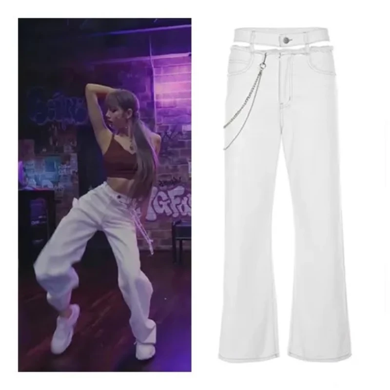 kpop Korean Singer Concert lady white sexy High-waist hollow trousers women Streetwear fashion double Waist chain straight pants