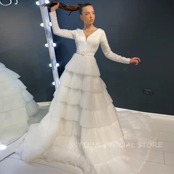 Luxury Ivory Wedding Dresses Women Bride Party Dress Long Sleeves Tulle Tiered Long V Neck Belt Custom Bridal Gowns 2024 New