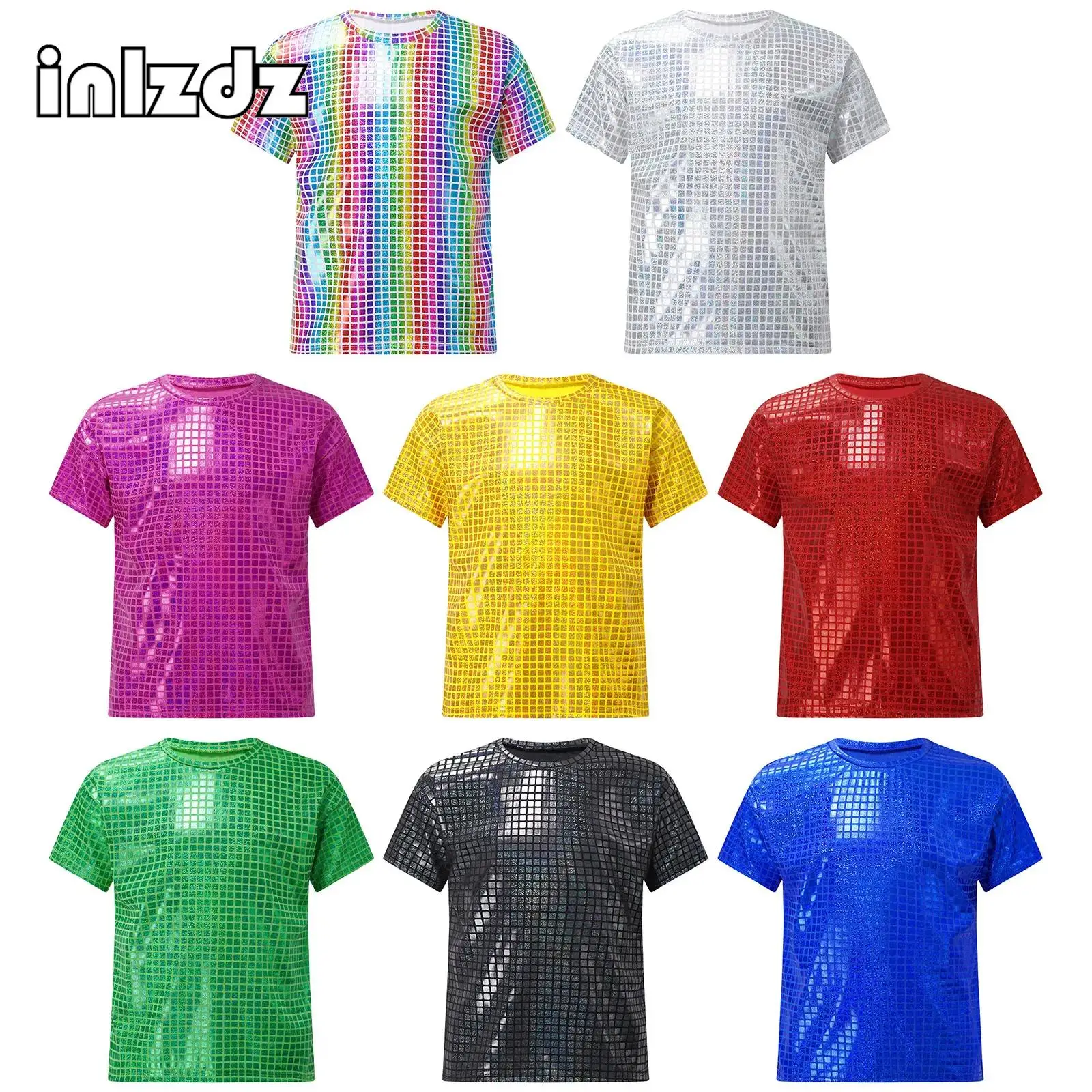 Girls Boys Sequins Shirt T-Shirt Child Metallic Loose Jazz Hip Hop Dance Top Blouse Disco Party Stage Performance Dancewear