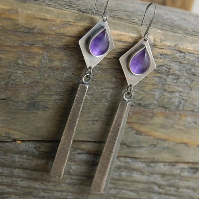 

Vintage Boho Extra Long Hand Inlaid Water Drop Amethyst Stone Earrings Hanging Silver Color Women's Wedding Jewelry Earring