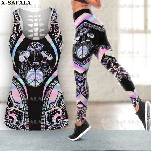 

Mushroom Psychedelic Colorful Trippy Two Piece Yoga Set Women 3D Print Hollow Out Tank Top High Waist Legging Summer Sport-7