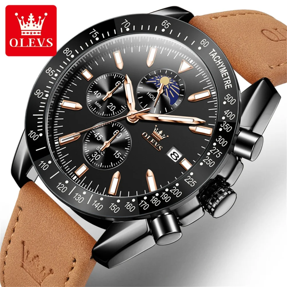 OLEVS Men Watches Quartz Watch Leather Sport Waterproof Wristwatch Chronograph Moon Phases Quality Men's Watch Reloj Hombre