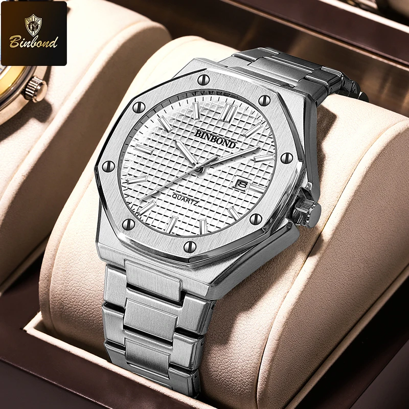 BINBOND Silver Stainless Steel Men's Quartz Watch with Luminous Display and Calendar