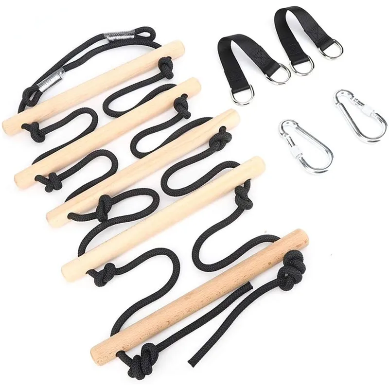 סולם תלוי לילדים מרובה תפקודים, קל לשימוש, עם חבל נדנדה לילדים, 5 צעדים, 100 קילוגרמים, מונע החלקה, עץ, לגינה