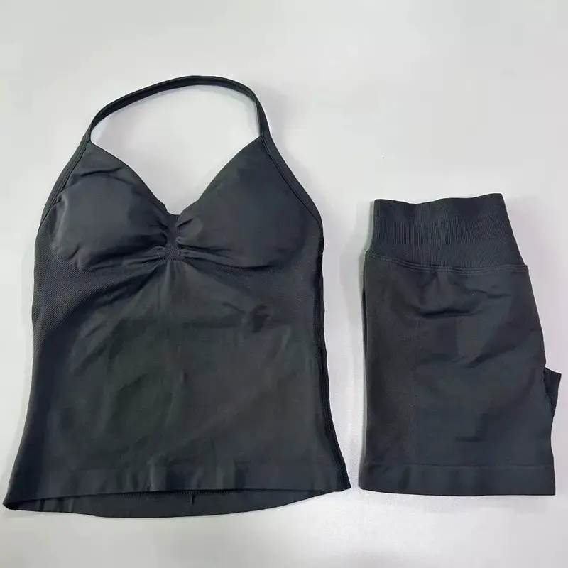 Sexy Halter Neck Beautiful Back High Waist Peach Sports Bras Shorts Suit Pilates Gathering Yoga Vest Training Fitness Bra Sets - Image 4